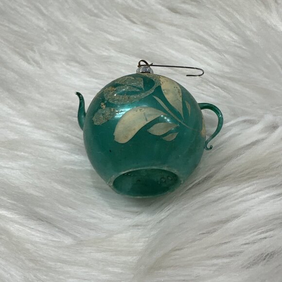 Vintage Blue Mercury Glass Stenciled Flower Pot Teapot Poland - Picture 2 of 6